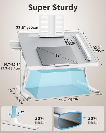 Laptop Bed Tray Desk with LED Desk Light, Adjustable Laptop Stand for Bed, Xx-Large PVC Leather Foldable Laptop Table with Book Stand, Wrist Rest, Extra Leg Room (Gray)